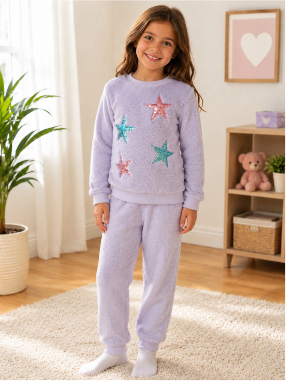 Derek Heart Girls Lavender Fuzzy Fleece Sequin Star Lounge Set – Size 5